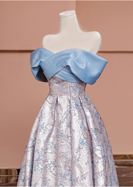 Elegant Jacquard Satin Off-the-shoulder Long Prom Dress Evening Dress P4607