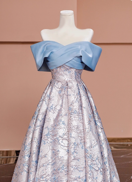 Elegant Jacquard Satin Off-the-shoulder Long Prom Dress Evening Dress P4607