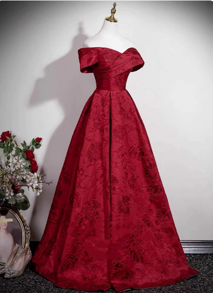 Vintage Burgundy A-line Off-the-shoulder Jacquard Satin Long Prom Dress Evening Dress P4608