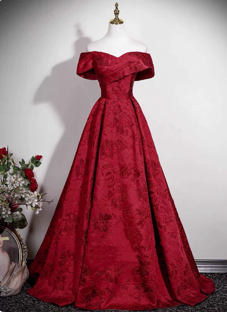Vintage Burgundy A-line Off-the-shoulder Jacquard Satin Long Prom Dress Evening Dress P4608