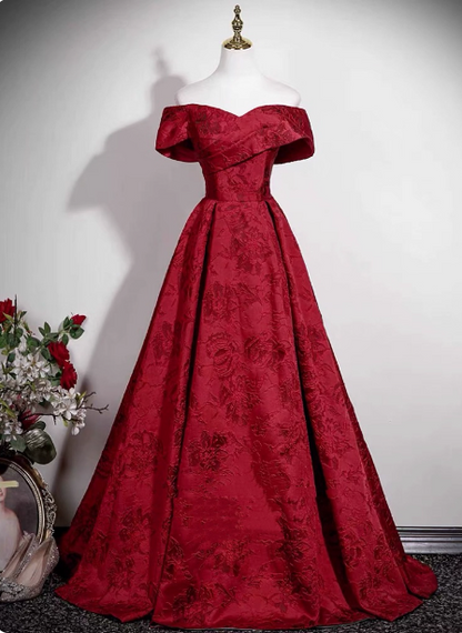 Vintage Burgundy A-line Off-the-shoulder Jacquard Satin Long Prom Dress Evening Dress P4608