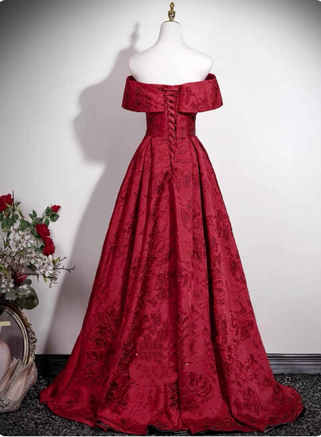 Vintage Burgundy A-line Off-the-shoulder Jacquard Satin Long Prom Dress Evening Dress P4608