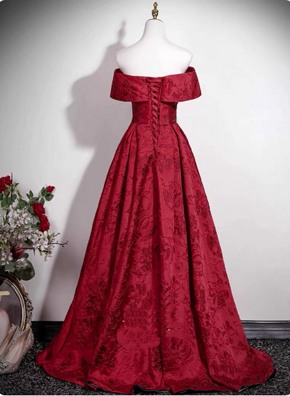 Vintage Burgundy A-line Off-the-shoulder Jacquard Satin Long Prom Dress Evening Dress P4608