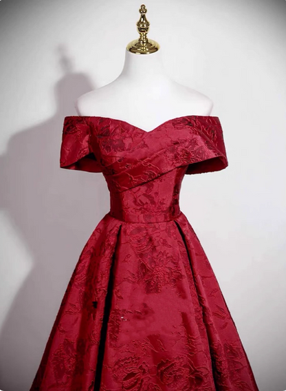 Vintage Burgundy A-line Off-the-shoulder Jacquard Satin Long Prom Dress Evening Dress P4608