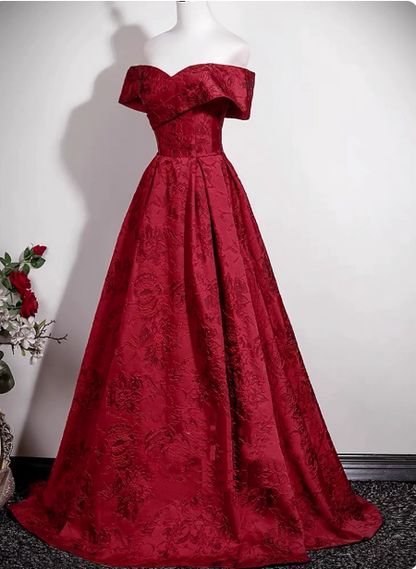 Vintage Burgundy A-line Off-the-shoulder Jacquard Satin Long Prom Dress Evening Dress P4608
