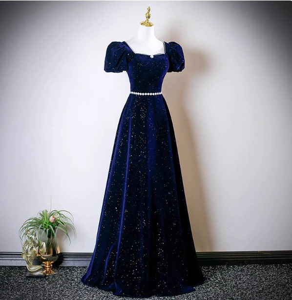 Vintage A-line Navy Blue Square Neck Short Sleeve Glitter Satin Long Prom Dress Evening Dress P4609