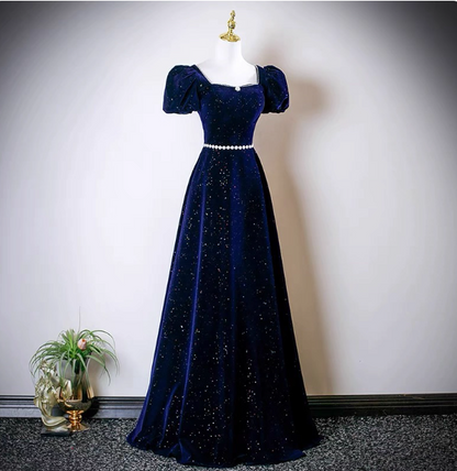 Vintage A-line Navy Blue Square Neck Short Sleeve Glitter Satin Long Prom Dress Evening Dress P4609