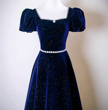 Vintage A-line Navy Blue Square Neck Short Sleeve Glitter Satin Long Prom Dress Evening Dress P4609