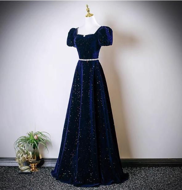 Vintage A-line Navy Blue Square Neck Short Sleeve Glitter Satin Long Prom Dress Evening Dress P4609