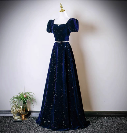 Vintage A-line Navy Blue Square Neck Short Sleeve Glitter Satin Long Prom Dress Evening Dress P4609