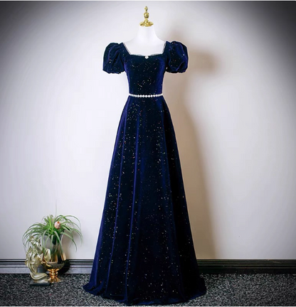 Vintage A-line Navy Blue Square Neck Short Sleeve Glitter Satin Long Prom Dress Evening Dress P4609