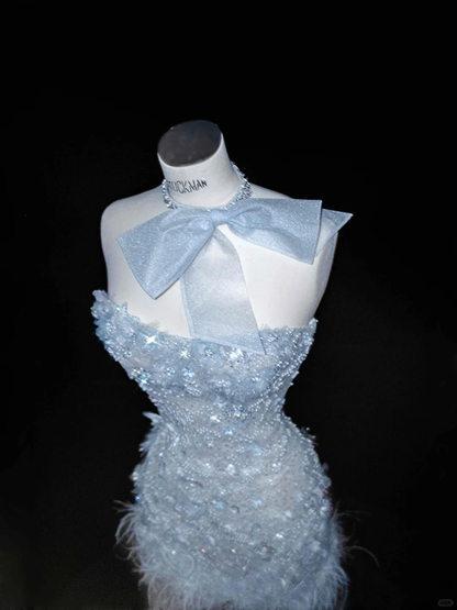Dream Blue Tulle Beaded Appliques Long Prom Dress,Slit Mermaid Evening Dress Wedding Dress Y8668