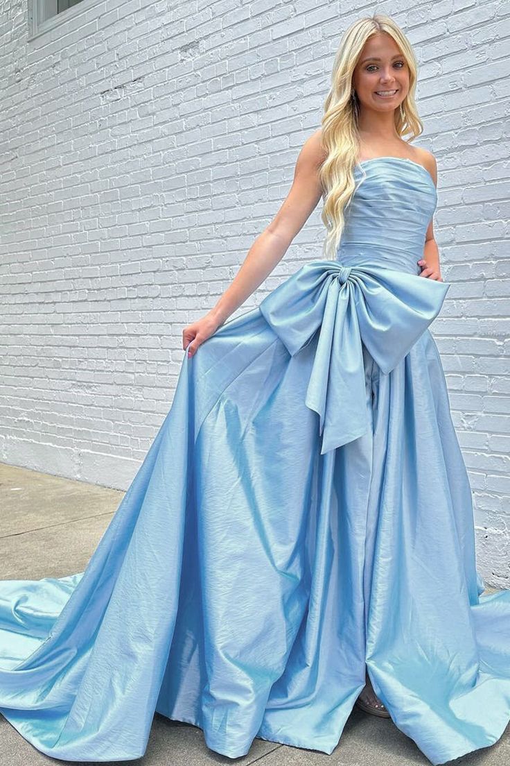 Strapless A-Line Satin Long Evening Prom Dresses With Bowknot