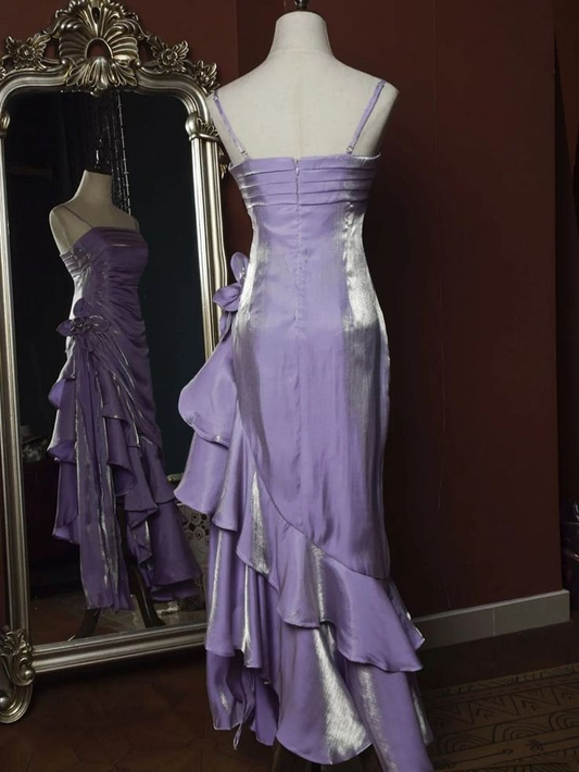 Glamorous Lavender Satin Mermaid Prom Dress Ruffled 3D Floral Evening Gown TP5168