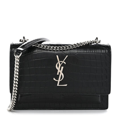 Calfskin Crocodile Embossed Monogram Sunset Chain Wallet Black