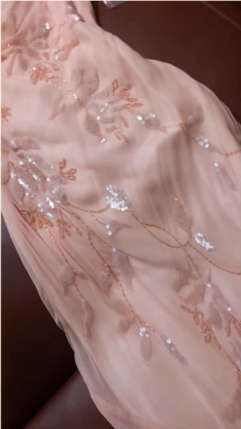 Elegant Pink Mermaid Draped Collar Leaf Sequin Beaded Chiffon Long Prom Dress Evening Dress P4610