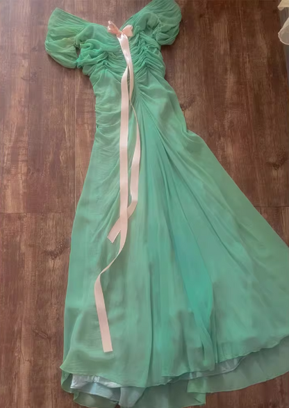 Fresh Green A-line Ruffled Chiffon Long Prom Dress Evening Dress P4611