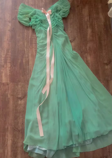 Fresh Green A-line Ruffled Chiffon Long Prom Dress Evening Dress P4611