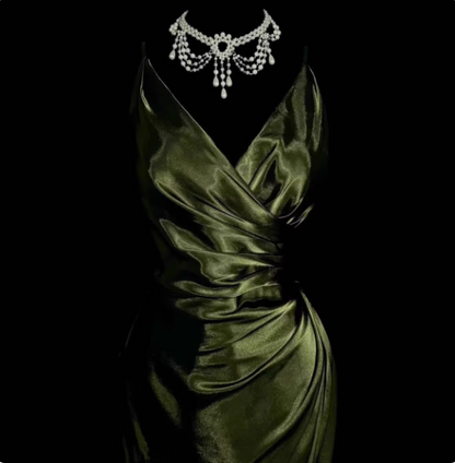 Vintage Emerald Green V-neck Ruffled Satin Long Prom Dress Evening Dress P4612