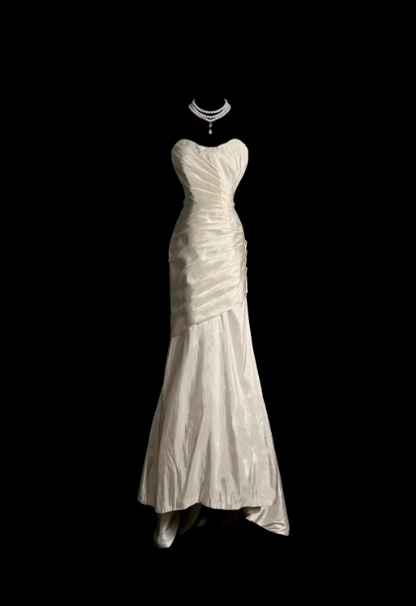 Classic Ivory Strapless Ruffled Satin Mermaid Long Prom Dress Evening Dress P4613