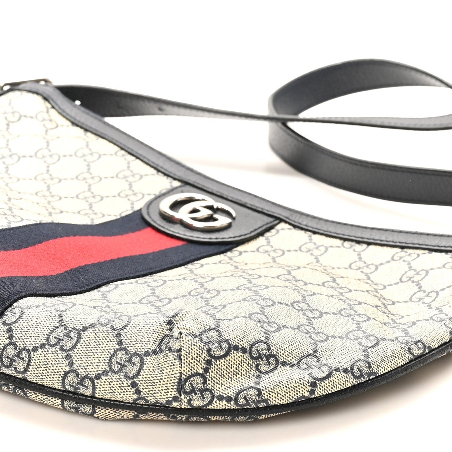 GG Supreme Monogram Textured Dollar Calfskin Web Small Ophidia Half Moon Hobo Beige Blue