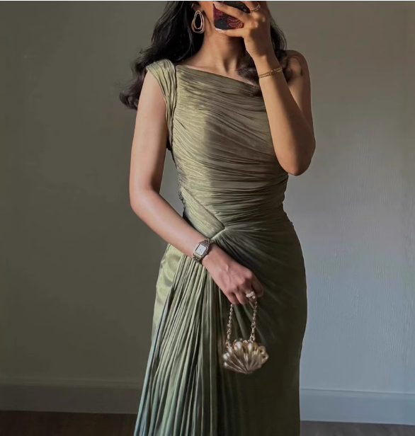 Elegant Olive Green One-Shoulder Ruffled Slit Satin Long Prom Dress Evening Dress P4614