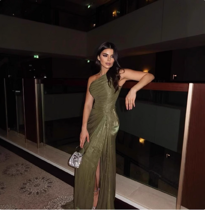 Elegant Olive Green One-Shoulder Ruffled Slit Satin Long Prom Dress Evening Dress P4614