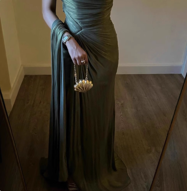 Elegant Olive Green One-Shoulder Ruffled Slit Satin Long Prom Dress Evening Dress P4614