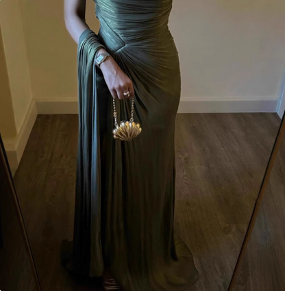 Elegant Olive Green One-Shoulder Ruffled Slit Satin Long Prom Dress Evening Dress P4614