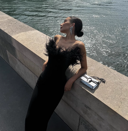 Elegant Black Strapless Feather Satin Bodycon Long Prom Dress Evening Dress P4615