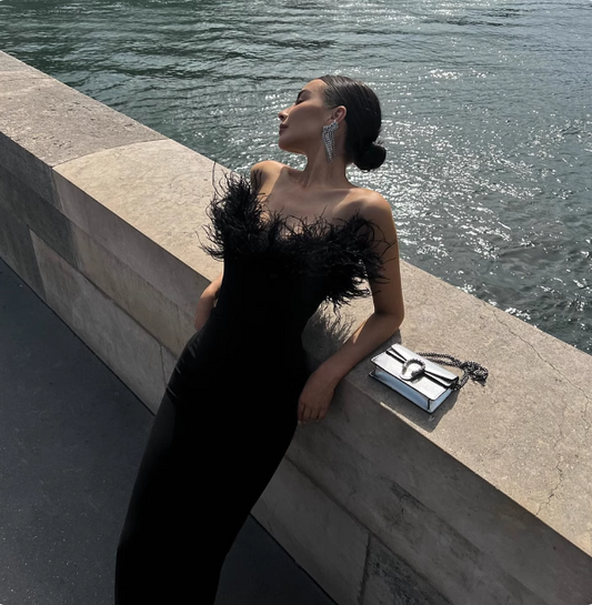 Elegant Black Strapless Feather Satin Bodycon Long Prom Dress Evening Dress P4615
