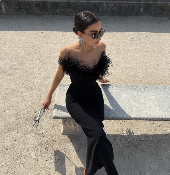 Elegant Black Strapless Feather Satin Bodycon Long Prom Dress Evening Dress P4615