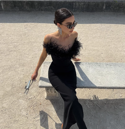 Elegant Black Strapless Feather Satin Bodycon Long Prom Dress Evening Dress P4615