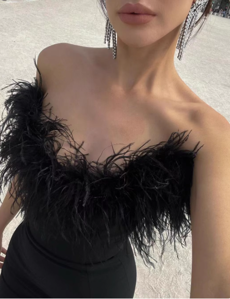 Elegant Black Strapless Feather Satin Bodycon Long Prom Dress Evening Dress P4615