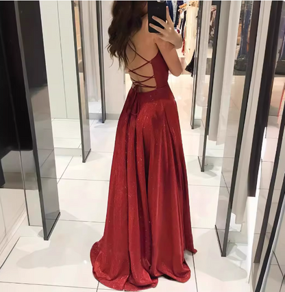 Sexy Burgundy A-line V-neck Cross Back Shimmer Satin Long Prom Dress Evening Dress P4616