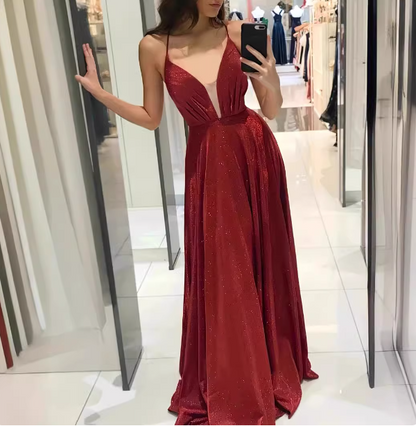 Sexy Burgundy A-line V-neck Cross Back Shimmer Satin Long Prom Dress Evening Dress P4616