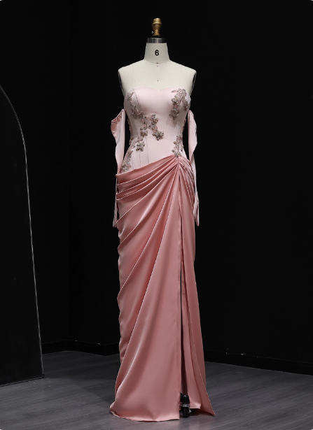 Elegant Pink Strapless Embroidered Floral Satin Slit Long Prom Dress Evening Dress P4617