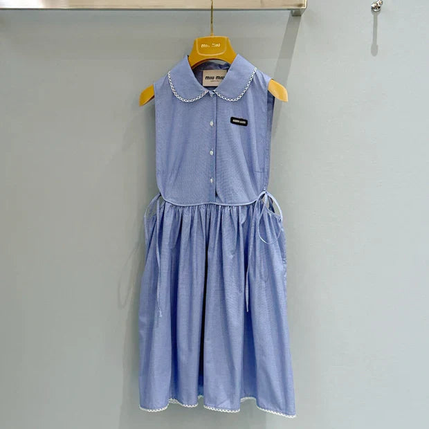 Miu Miu 2026 Plaid Sleeveless Dress Blue Cotton
