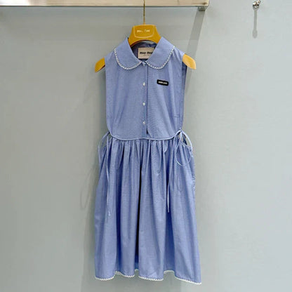 Miu Miu 2026 Plaid Sleeveless Dress Blue Cotton