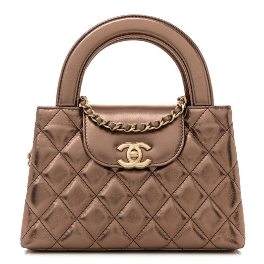 Metallic Aged Calfskin Quilted Nano Kelly Shopper Light Brown