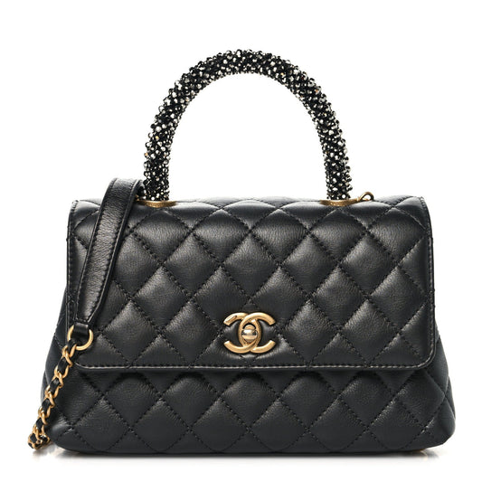 Calfskin Strass Quilted Mini Coco Handle Flap Dark Silver
