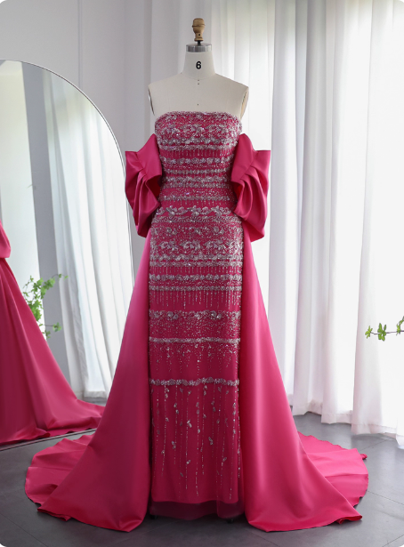 Gorgeous Green Strapless Beaded Cape Satin Train Prom Dress Evening Dress P4618