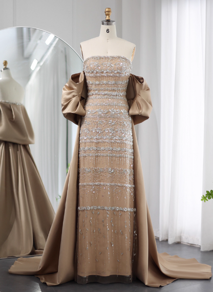 Gorgeous Green Strapless Beaded Cape Satin Train Prom Dress Evening Dress P4618