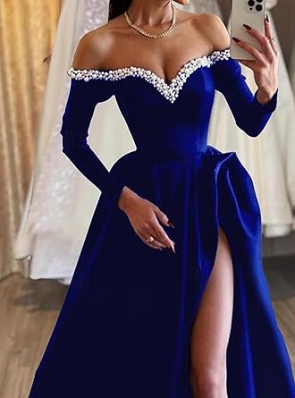 omberprom A-Line Sexy Evening Dress Formal Prom Dress Sweep/Brush Train Long Sleeve Off Shoulder Satin with Pearls Slit