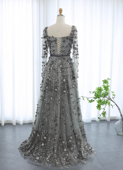 Dreamy Grey A-line Square Neck Long Sleeve 3D Floral Sequin Tulle Long Prom Dress Evening Dress P4619