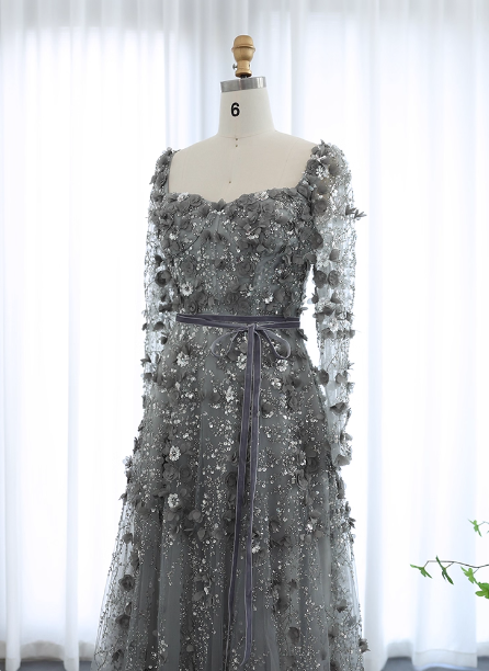 Dreamy Grey A-line Square Neck Long Sleeve 3D Floral Sequin Tulle Long Prom Dress Evening Dress P4619