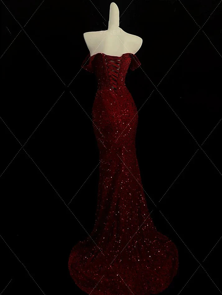 Enchanting Shiny Sequin Sweetheart Off-the-shoulder Mermaid Floor-length High Slit Prom Dress Evening Dress TP4317