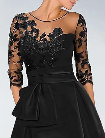 omberprom A-Line Elegant Wedding Guest Dress Court Train Jewel Neck 3/4 Sleeve Evening Dress with Beading Slit Appliques Fall Wedding Guest Dress November