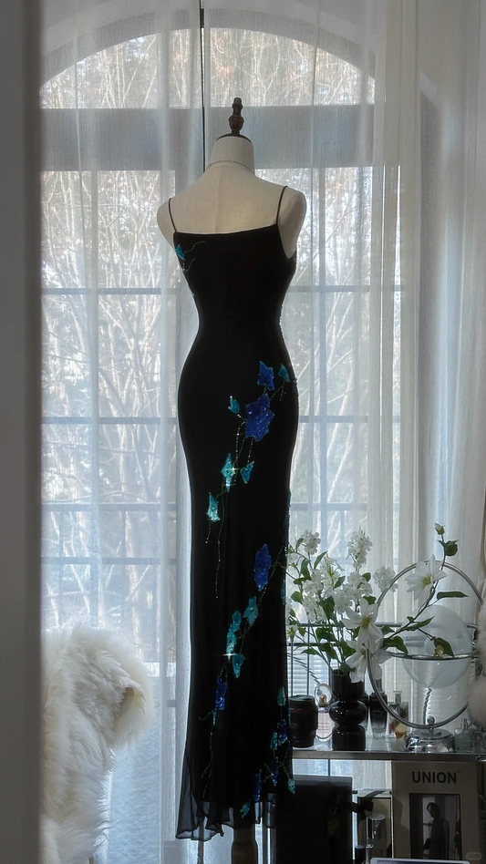 Retro Black Floral Spaghetti Strap Design Romantic Chiffon Evening Dress Prom Dress TP4010