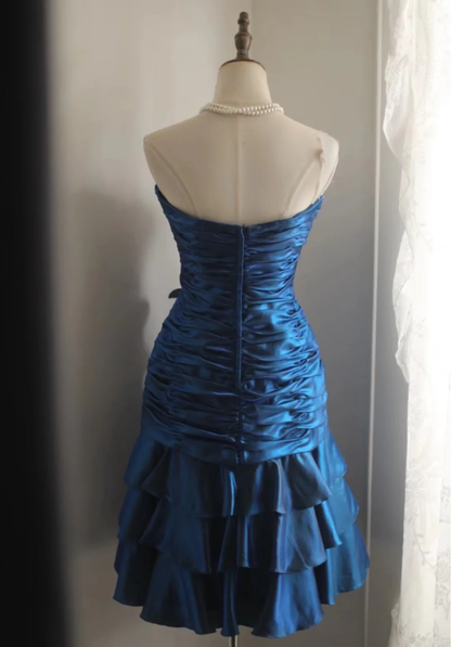 Navy blue tube top waist pleated hip cake skirt short skirt homecoming dress R4147